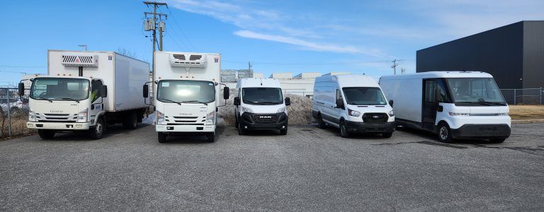 Une rangée de cinq camions de livraison stationnés sur un terrain asphalté avec un ciel dégagé en arrière-plan. Les camions varient en taille et en type.