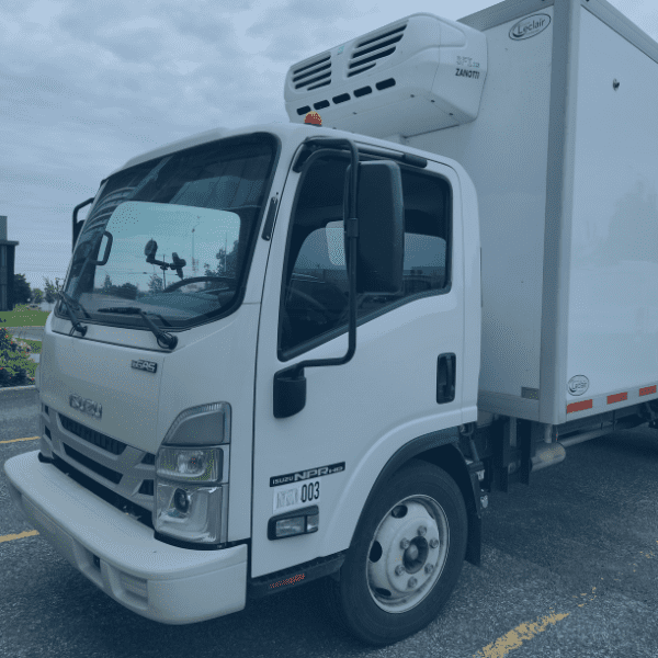 A white Isuzu refrigerated truck is parked in a parking lot on a cloudy day. The truck is equipped with a refrigeration unit on top of the cargo area and markings on the door and bumper.